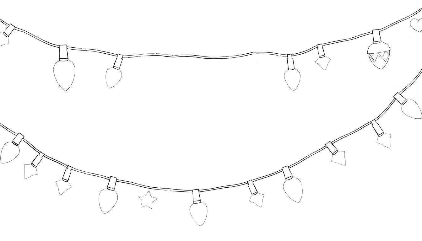 Dessin au trait de guirlandes lumineuses avec des ampoules, des étoiles, des cœurs et des glands.