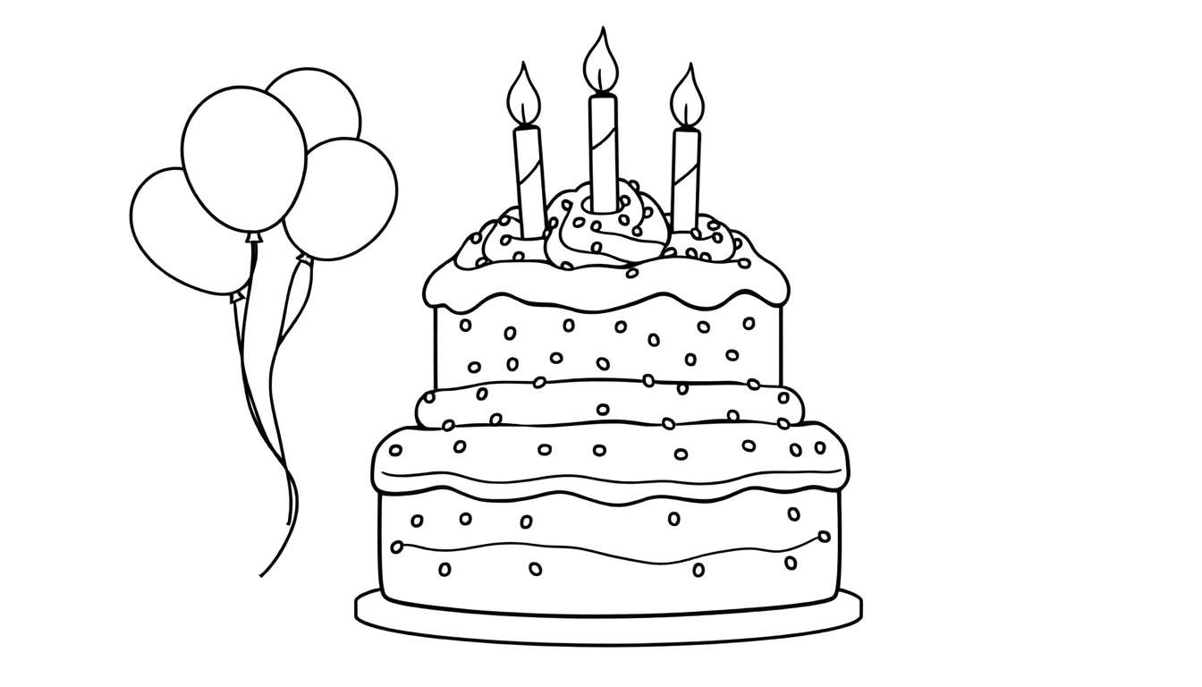 Une assiette colorée avec un dessin de gâteau d'anniversaire à trois étages et des ballons.