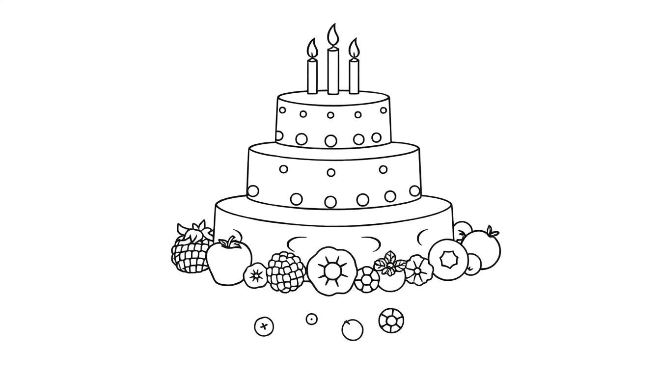 Dessin d'un gâteau d'anniversaire à trois étages avec des fruits et des bougies, dans un style simple avec des contours noirs.