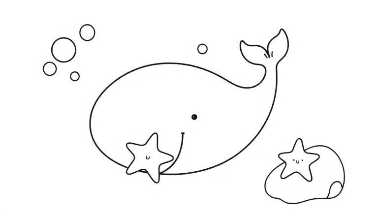 A black and white drawing of a happy whale swimming, with two smiling starfish and bubbles, perfect for a coloring panel.