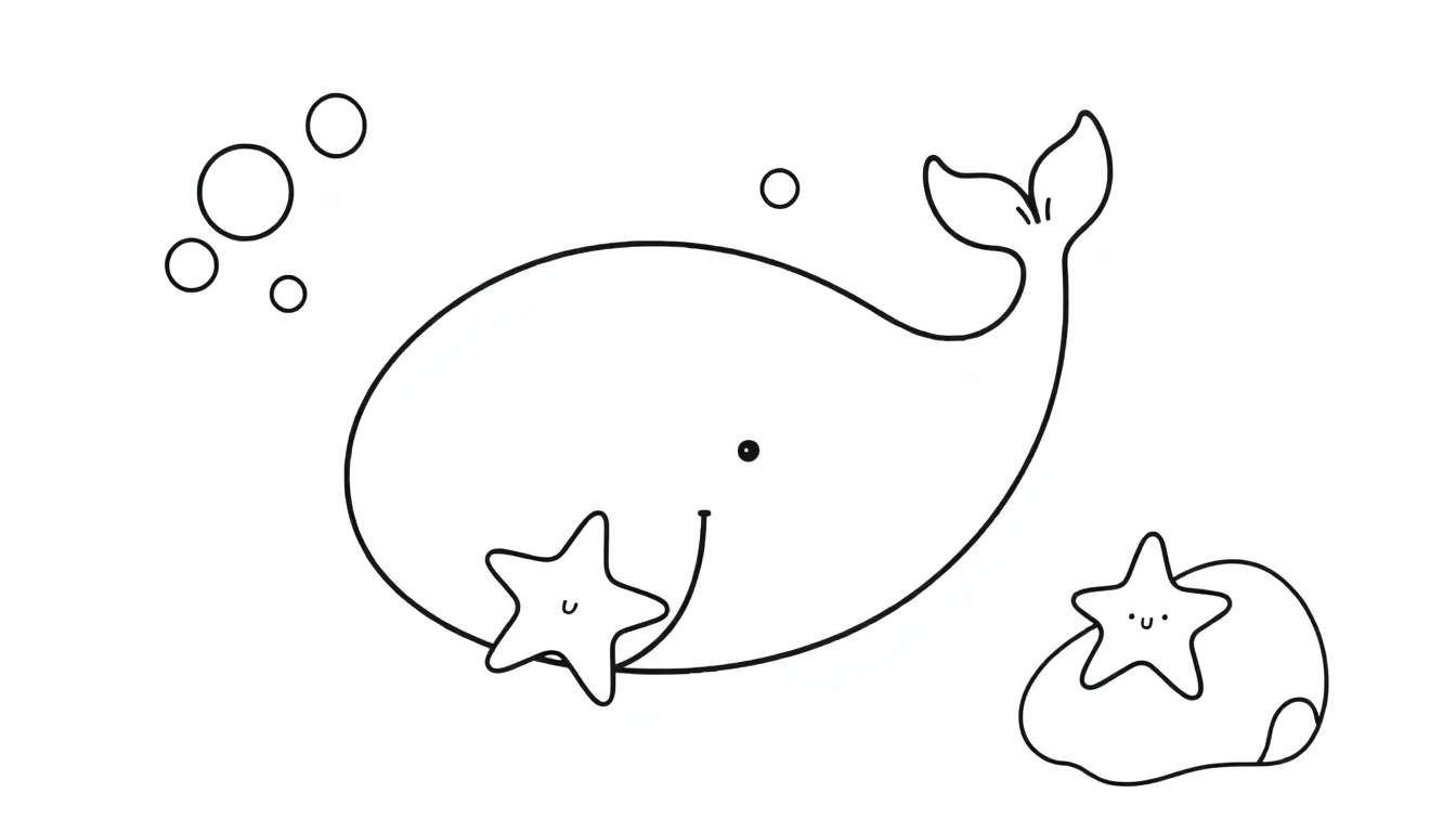 A black and white drawing of a happy whale swimming, with two smiling starfish and bubbles, perfect for a coloring panel.