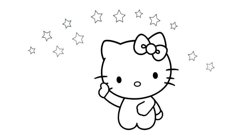 Hello Kitty saluant joyeusement avec des étoiles scintillantes et un arc-en-ciel dans un color panel.