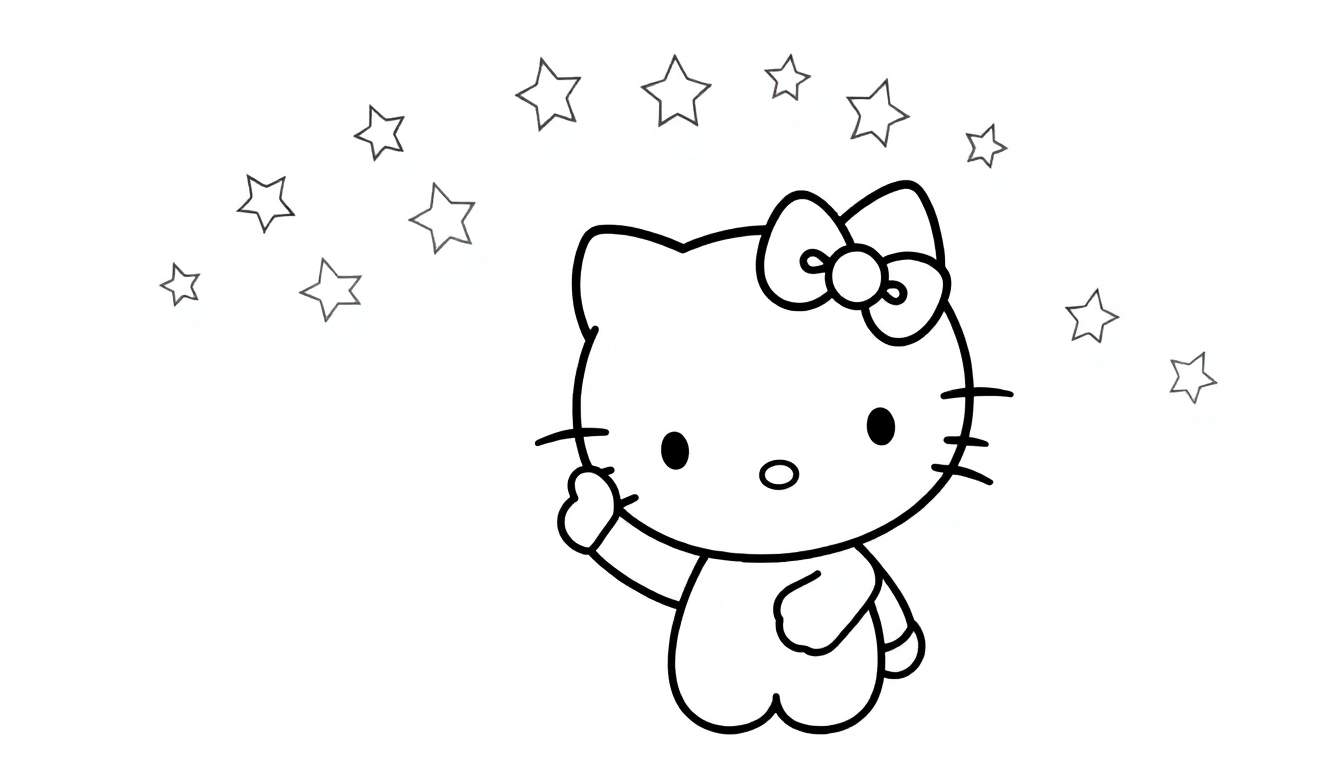 Hello Kitty saluant joyeusement avec des étoiles scintillantes et un arc-en-ciel dans un color panel.