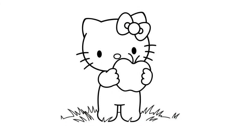 Hello Kitty tenant une pomme, prête pour le coloriage sur un color panel.