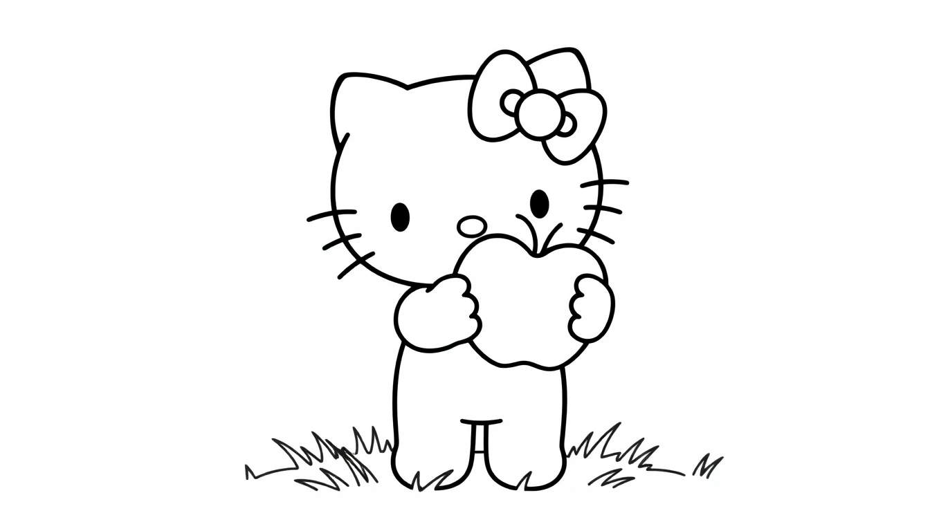 Hello Kitty tenant une pomme, prête pour le coloriage sur un color panel.