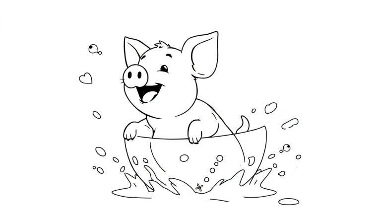 Un cochon souriant dans une baignoire pleine de bulles, un panneau coloré.