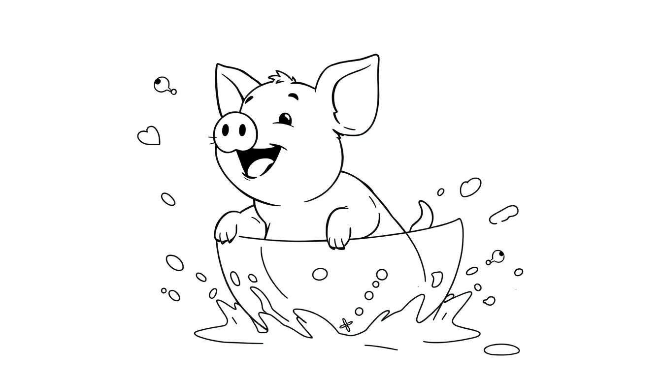 Un cochon souriant dans une baignoire pleine de bulles, un panneau coloré.