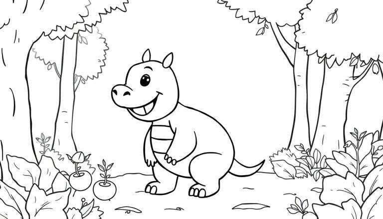 Dessin au trait d'un hippopotame souriant dans un paysage, style color panel.