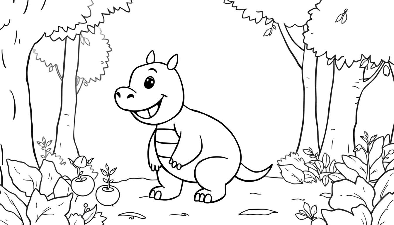 Dessin au trait d'un hippopotame souriant dans un paysage, style color panel.