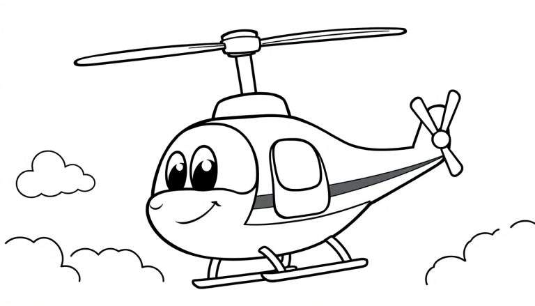 Hélicoptère de dessin animé souriant, prêt pour le coloriage, sur un panneau coloré.