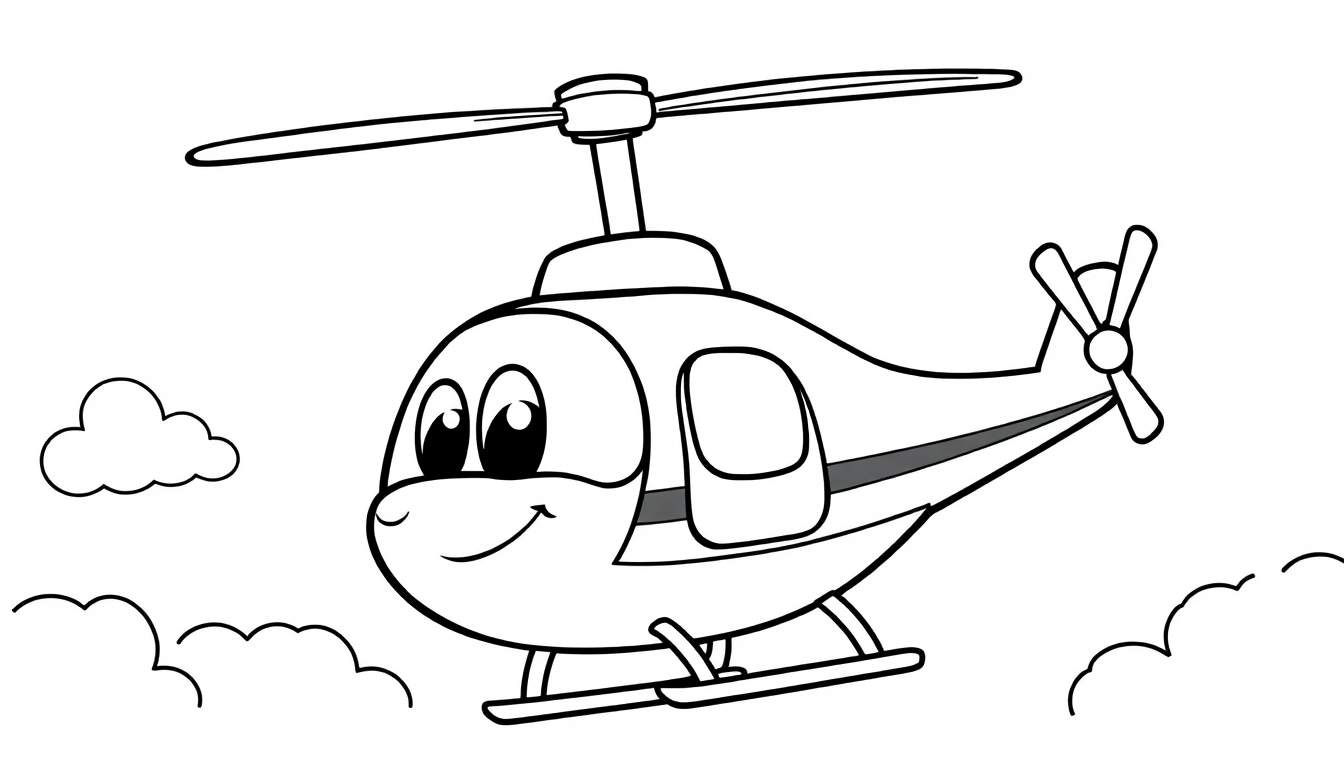 Hélicoptère de dessin animé souriant, prêt pour le coloriage, sur un panneau coloré.