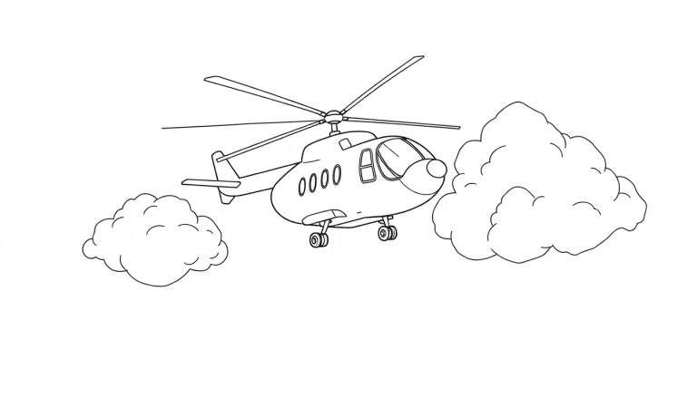 Dessin au trait noir et blanc d'un hélicoptère volant avec des nuages dans un style enfantin. Il y a un rotor principal à quatre pales, un rotor de queue, un cockpit vitré et un numéro sur le côté. Des nuages cartoon flanquent l'hélicoptère.