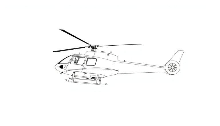 Dessin technique d'un hélicoptère en noir et blanc, en position d'atterrissage.