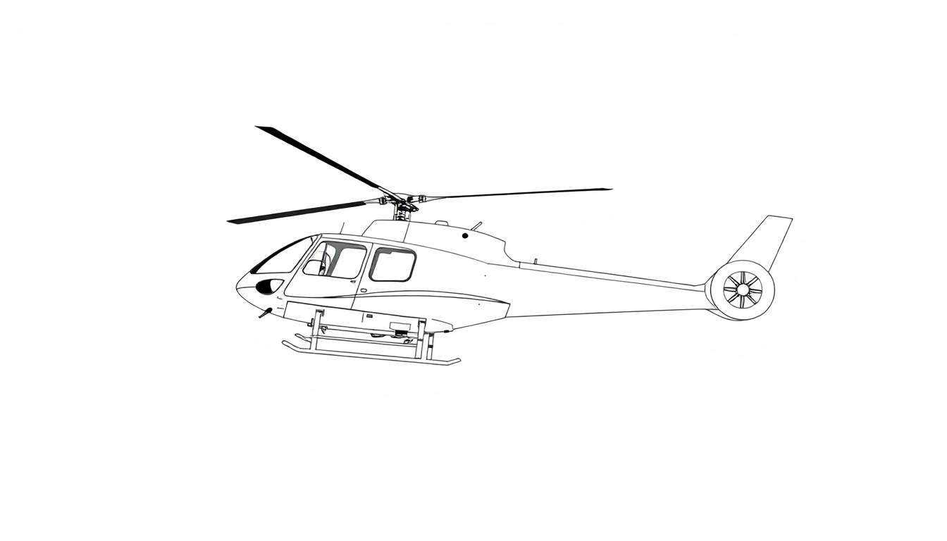 Dessin technique d'un hélicoptère en noir et blanc, en position d'atterrissage.