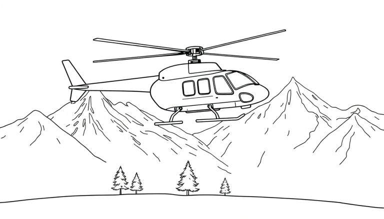 Dessin au trait d'un hélicoptère devant des montagnes, prêt pour un coloriage.
