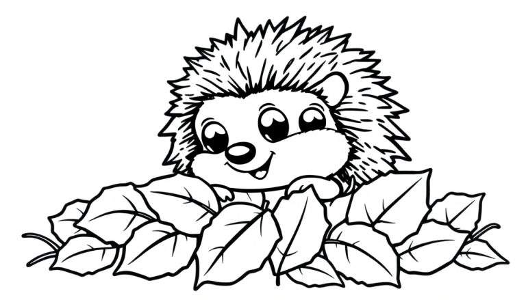 Un mignon bébé hérisson qui se cache derrière des feuilles d'automne, parfait pour une page de coloriage en noir et blanc, un panneau de coloriage.