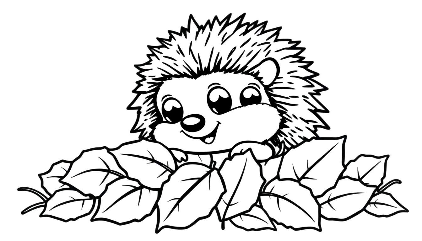 Un mignon bébé hérisson qui se cache derrière des feuilles d'automne, parfait pour une page de coloriage en noir et blanc, un panneau de coloriage.