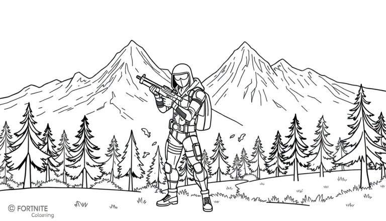 Personnage de Fortnite dans une forêt, prêt à l'action, avec un color panel en arrière-plan.