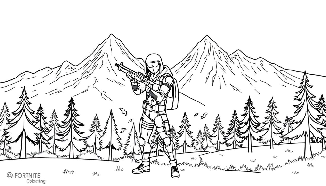 Personnage de Fortnite dans une forêt, prêt à l'action, avec un color panel en arrière-plan.