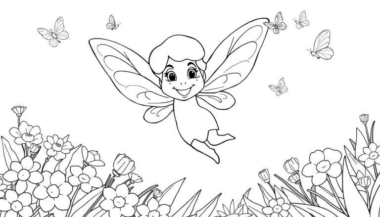 Page à colorier : fée souriante avec des ailes détaillées dans un jardin de jonquilles, marguerites et papillons.