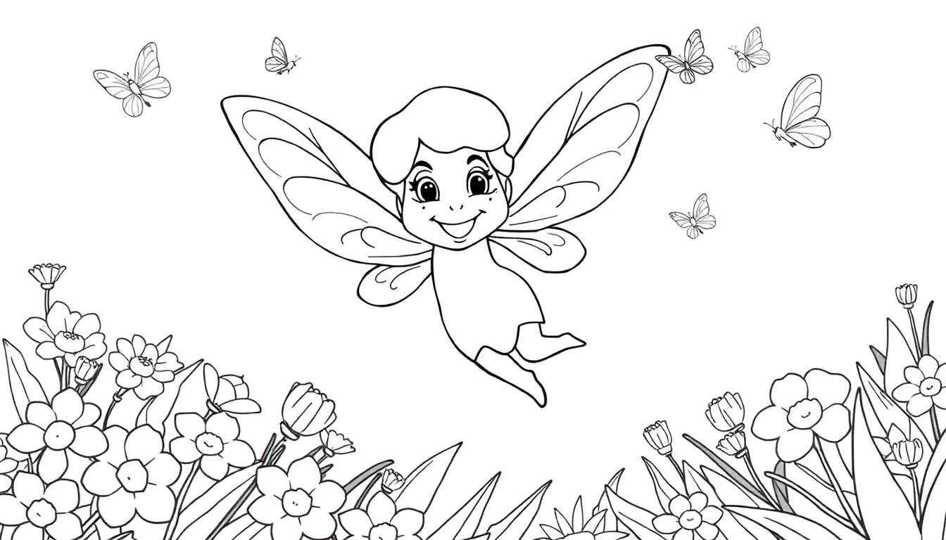 Page à colorier : fée souriante avec des ailes détaillées dans un jardin de jonquilles, marguerites et papillons.