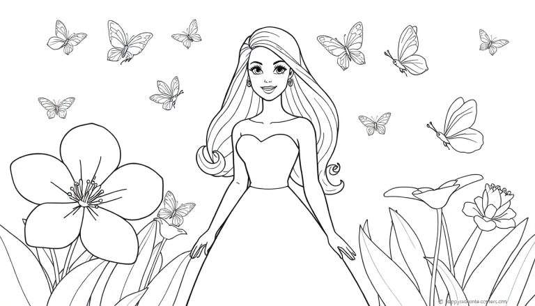 Une jeune femme, probablement une princesse ou une fée, se tient entourée de papillons et de fleurs dans un jardin enchanteur, prêt à être colorisé.