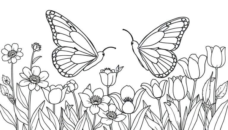 Un dessin au trait noir et blanc montrant deux papillons au-dessus d'un parterre de fleurs printanières, prêt à être colorié.