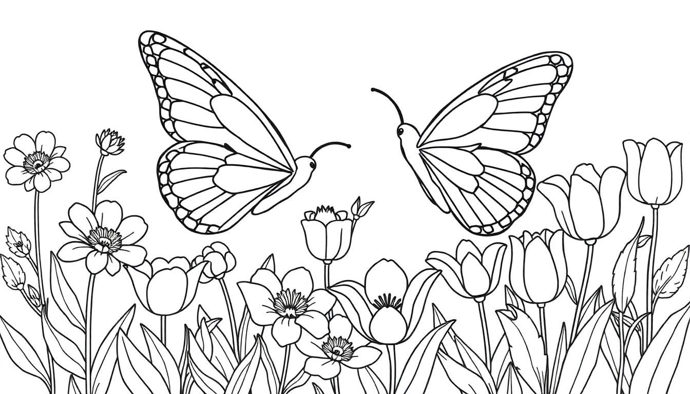 Un dessin au trait noir et blanc montrant deux papillons au-dessus d'un parterre de fleurs printanières, prêt à être colorié.