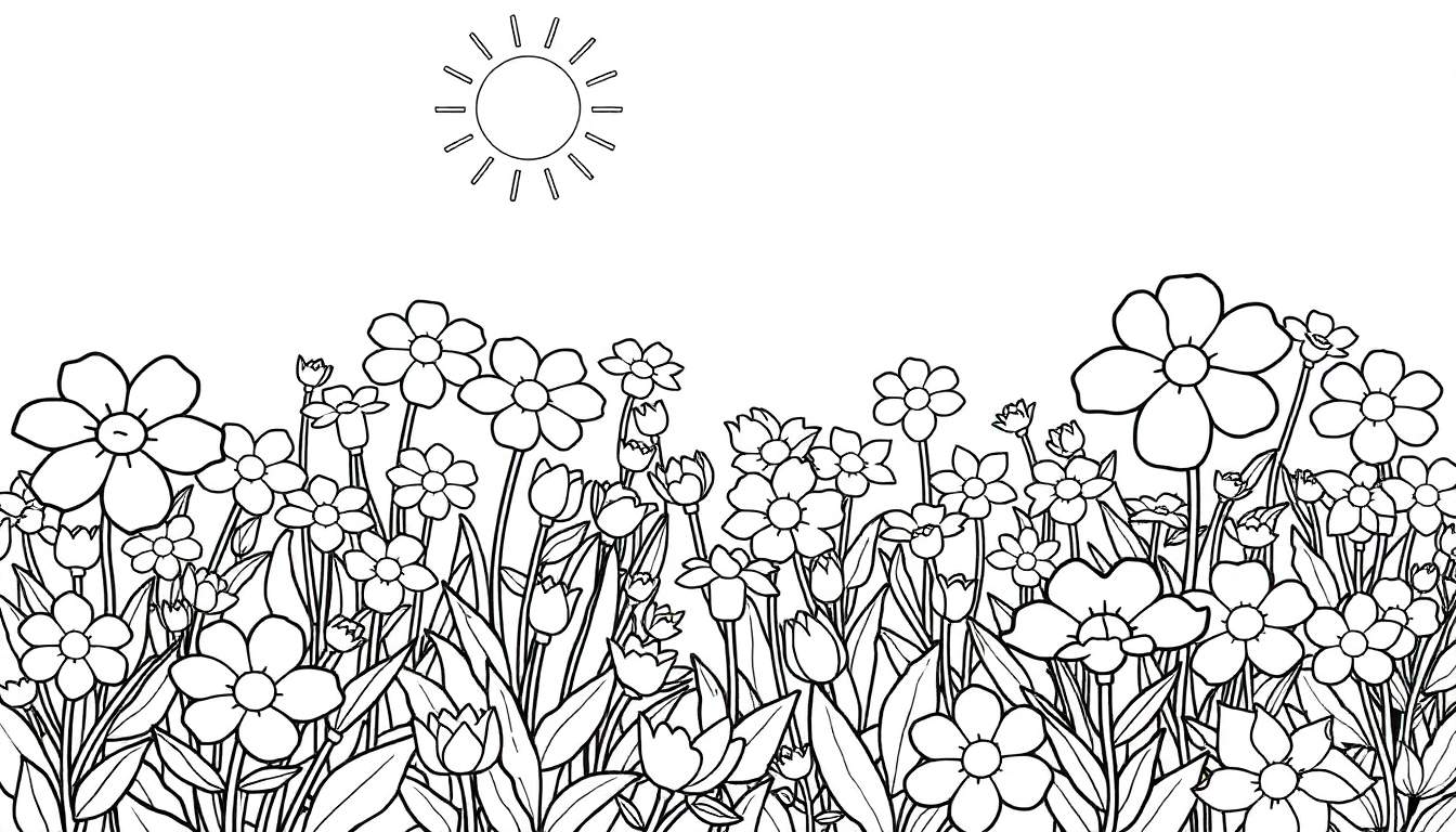 Un dessin au trait noir et blanc d'un champ de fleurs printanières sous un soleil stylisé, parfait pour un color panel.