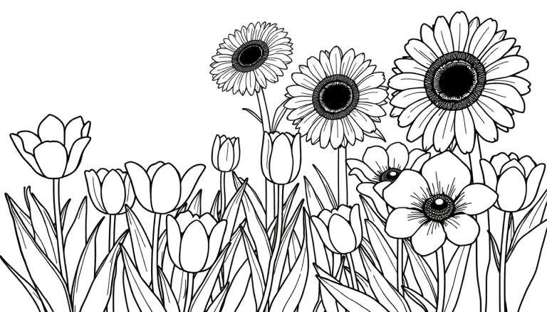 Dessin au trait d'un color panel de fleurs joyeuses : tulipes, marguerites et anémones.