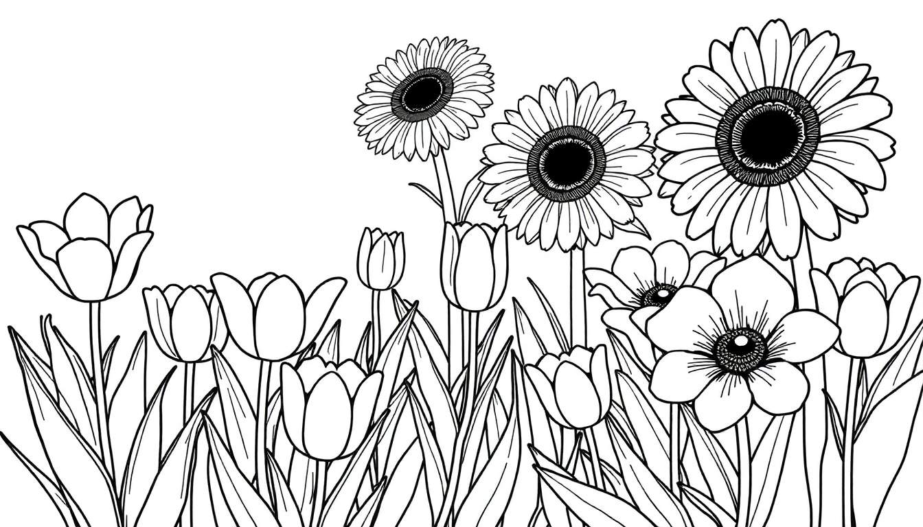 Dessin au trait d'un color panel de fleurs joyeuses : tulipes, marguerites et anémones.