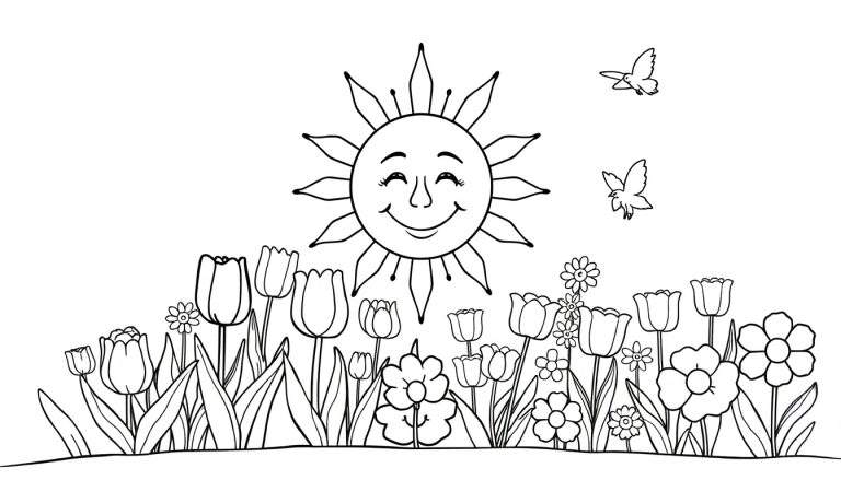 Dessin au trait d'un paysage de printemps avec un soleil souriant, des fleurs et des oiseaux.