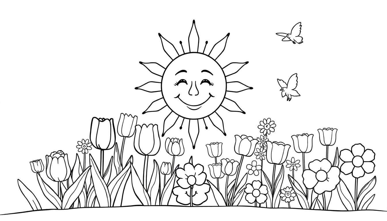 Dessin au trait d'un paysage de printemps avec un soleil souriant, des fleurs et des oiseaux.