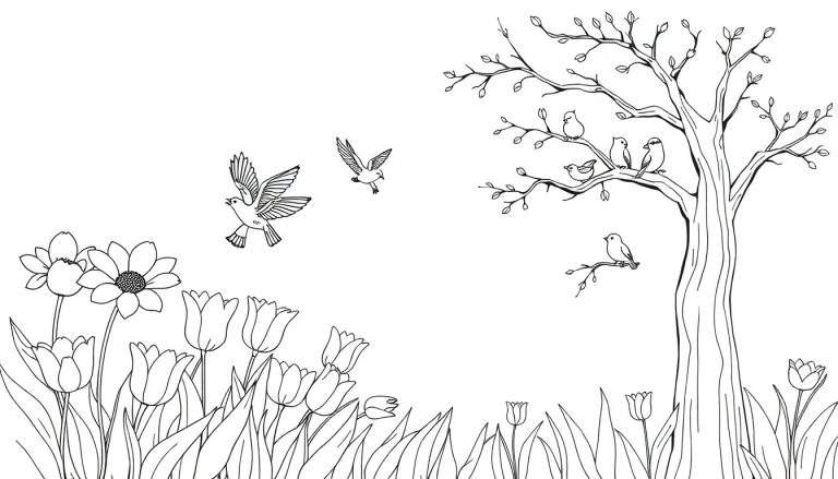 Un dessin au trait en noir et blanc d'un panneau de coloriage de printemps avec des fleurs et des oiseaux.