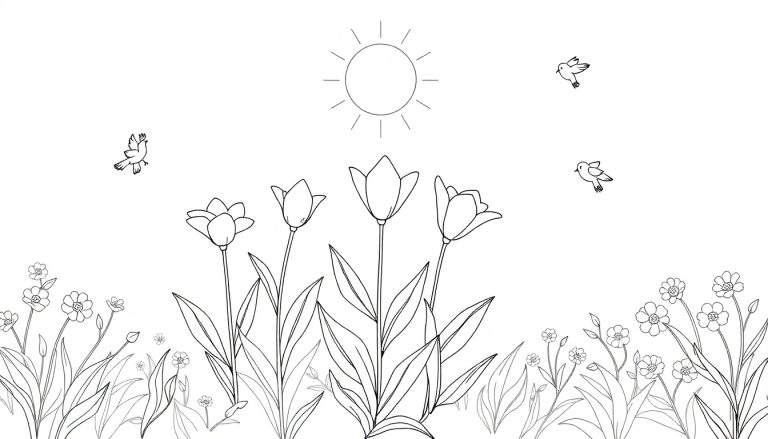 Panneau de coloriage avec des tulipes et des fleurs sauvages sous un soleil et des oiseaux joyeux.