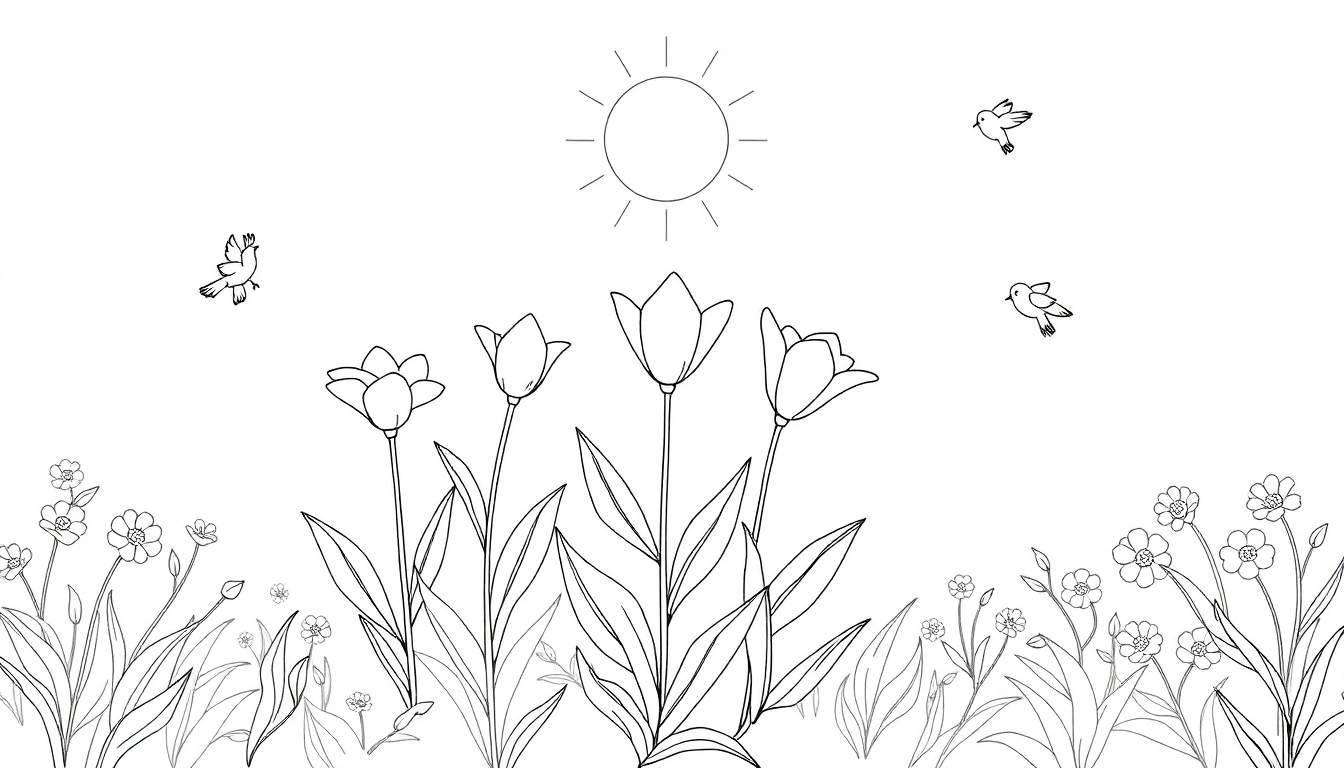 Panneau de coloriage avec des tulipes et des fleurs sauvages sous un soleil et des oiseaux joyeux.