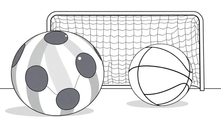 Un ballon de football rayé et à pois, un ballon de basket et un but de football sont dessinés en noir et blanc, attendant d'être colorés. Le football est à gauche, le basket à droite et le but à l'arrière.