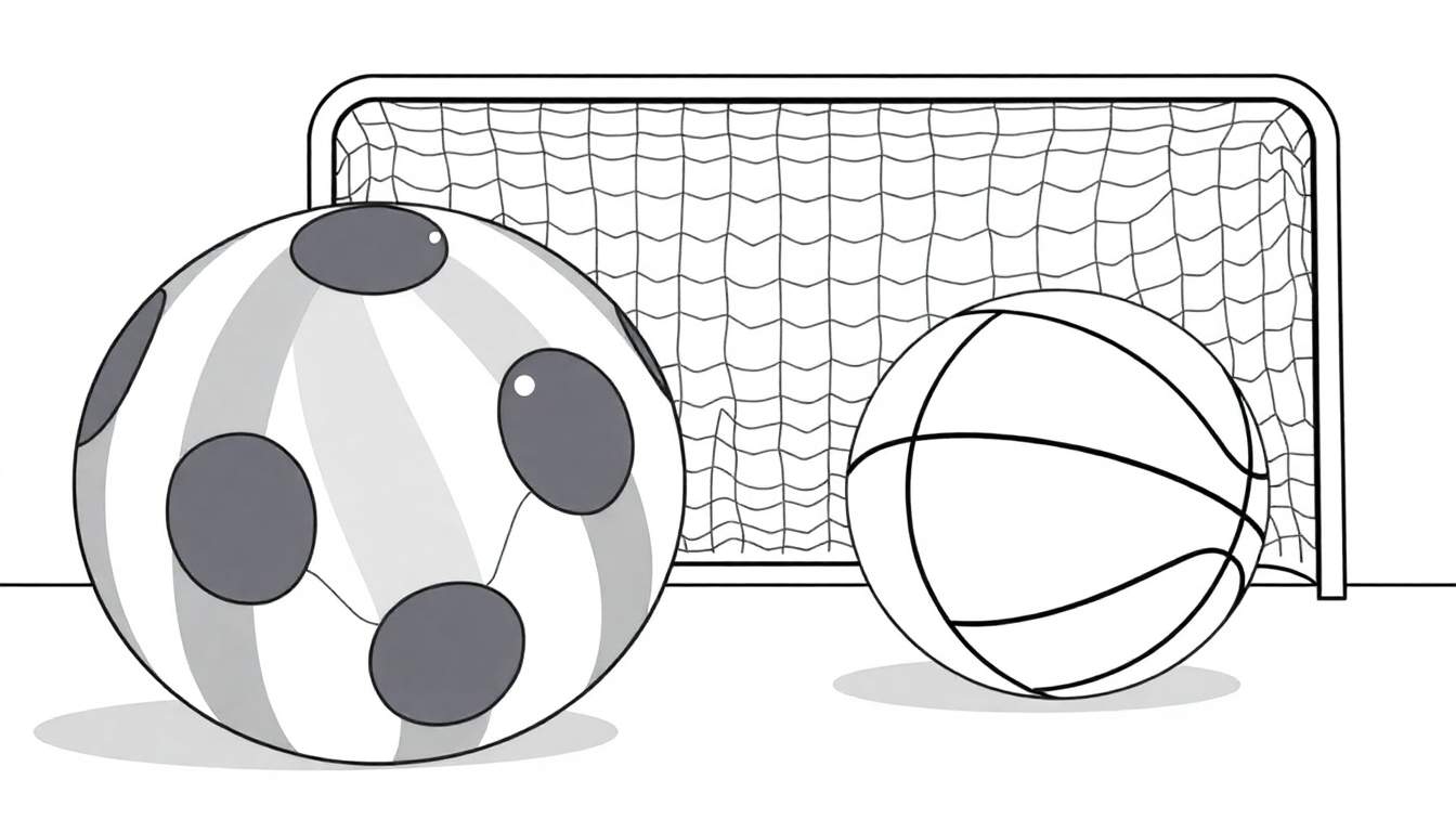 Un ballon de football rayé et à pois, un ballon de basket et un but de football sont dessinés en noir et blanc, attendant d'être colorés. Le football est à gauche, le basket à droite et le but à l'arrière.
