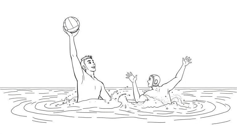 Deux joueurs de water-polo dessinés en noir et blanc, l'un tenant un ballon au-dessus de sa tête, l'autre avec les mains levées, entourés d'éclaboussures d'eau. Un dessin parfait pour un color panel.