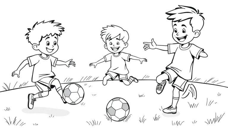 Dessin au trait de trois garçons jouant au football sur une colline.