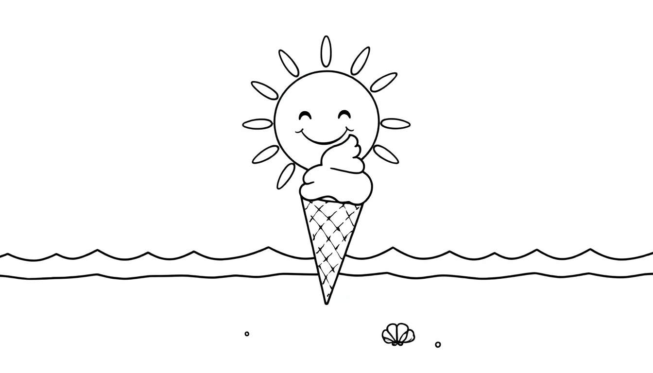 Dessin au trait noir et blanc d'un soleil joyeux, d'un cornet de crème glacée souriant et de vagues ludiques sur la plage, parfait pour un coloriage estival.