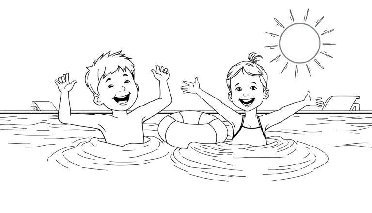 Dessin au trait d'un garçon et d'une fille souriant avec les bras levés dans une piscine, avec une bouée de sauvetage et un soleil en arrière-plan.