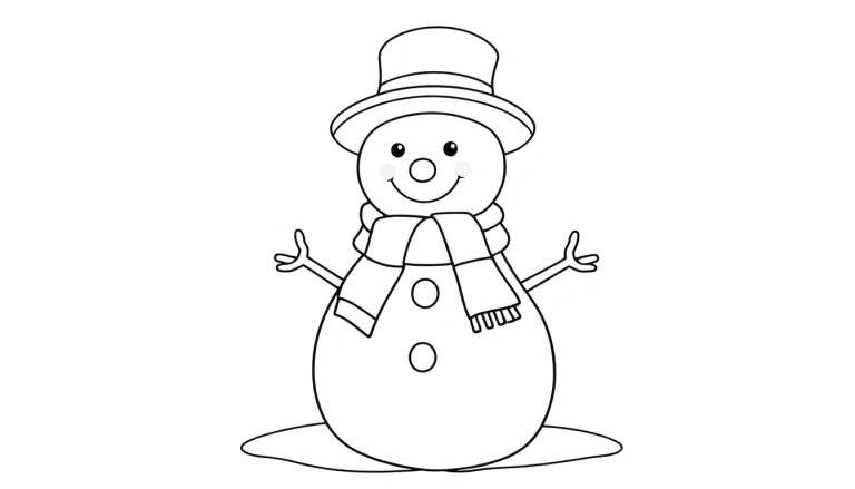 Bonhomme de neige dessiné au trait avec un chapeau haut de forme, un foulard, des yeux en bouton et un corps à boutons, prêt pour le color panel.