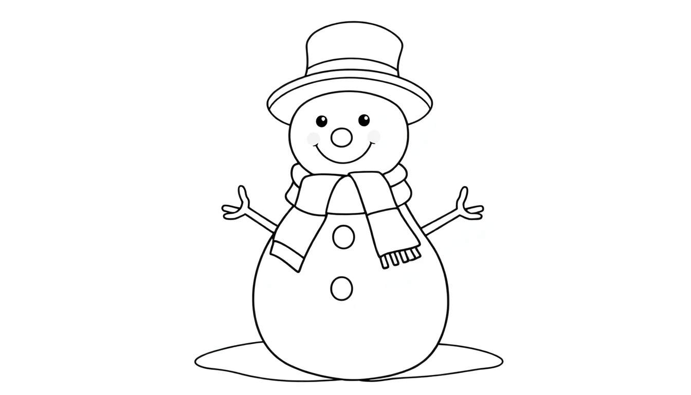 Bonhomme de neige dessiné au trait avec un chapeau haut de forme, un foulard, des yeux en bouton et un corps à boutons, prêt pour le color panel.