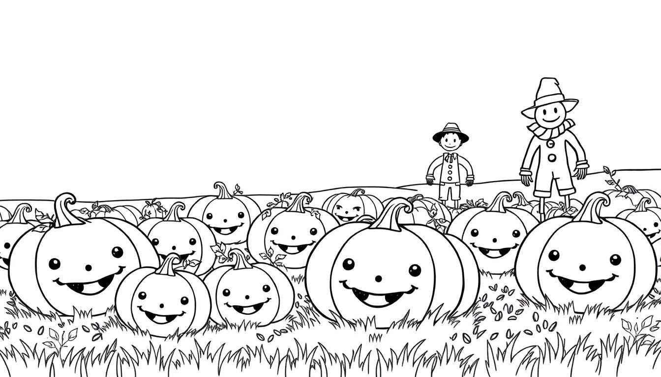 Un champ de citrouilles souriantes avec des épouvantails, idéal pour un color panel pour enfants.