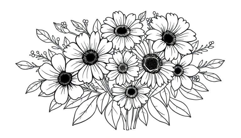 Un dessin à l'encre noire de fleurs sur un fond blanc, ressemblant à une page de coloriage.