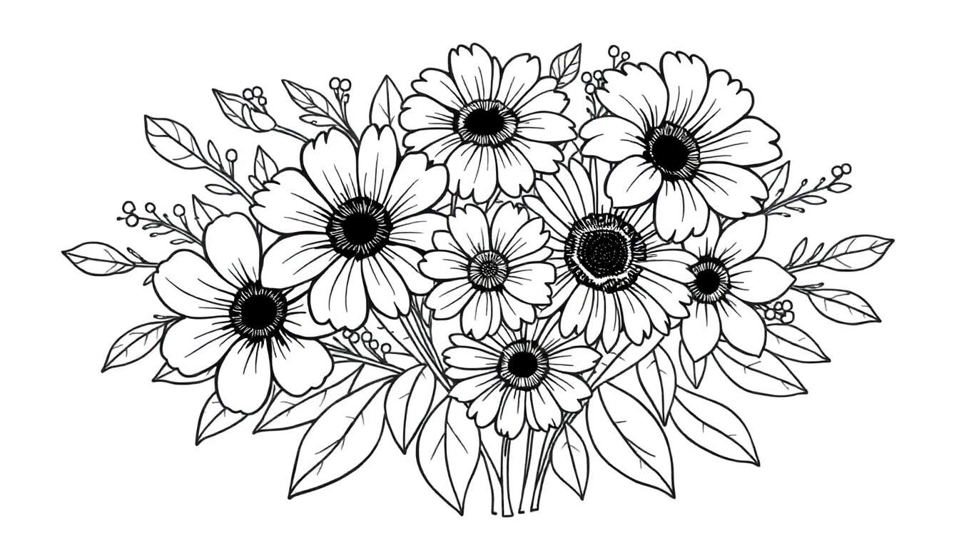 Un dessin à l'encre noire de fleurs sur un fond blanc, ressemblant à une page de coloriage.