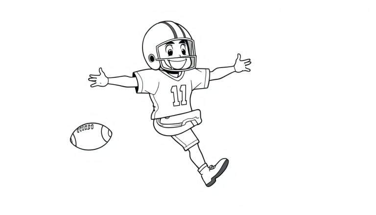 Un joueur de football américain dessiné dans un style bande dessinée, portant le numéro 11, prêt à marquer un touchdown. Page à colorier en noir et blanc, partie du color panel.