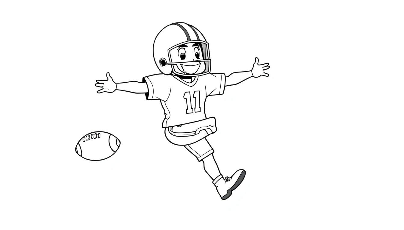 Un joueur de football américain dessiné dans un style bande dessinée, portant le numéro 11, prêt à marquer un touchdown. Page à colorier en noir et blanc, partie du color panel.