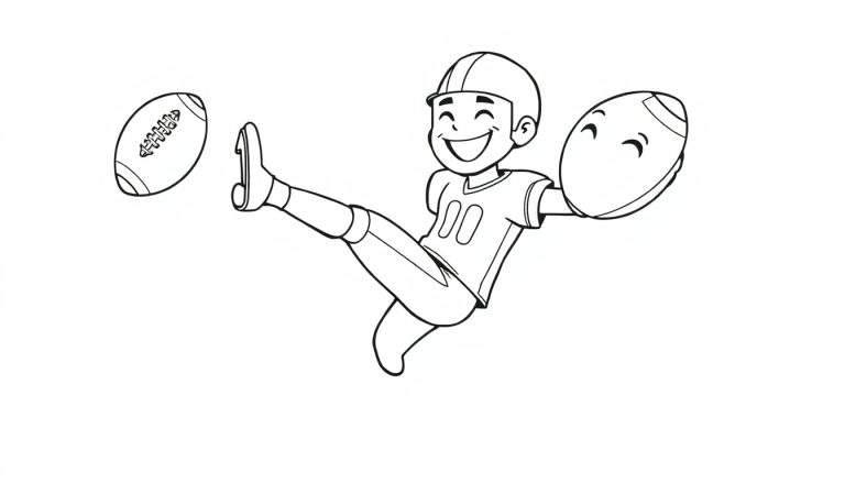 Joueur de football américain souriant en noir et blanc frappant un ballon, prêt pour le coloriage.